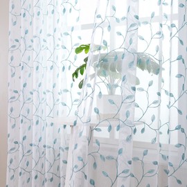 Tollpiz Leaves Sheer Curtains Teal Blue Leaf Embroidery Bedroom Curtain Rod Pocket Voile Faux Linen Embroidered Leaves Curtains for Living Room, 54 x 63 inches Long, Set of 2 Panels
