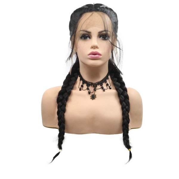 Black Wig Double Braided Handmade with Baby Hair, 1B# Synthetic Hair, 2 x Twist Braids Lace Front Wigs for Women Party