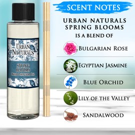Urban Naturals Spring Blooms Scented Oil Reed Diffuser Refill | Free Set of Reed Sticks! Bulgarian Rose, Egyptian Jasmine, Blue Orchid, Lily of The Valley, Amber