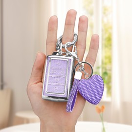 Vicoca for Jeep Key fob Cover with Diamond Heart Keychain, Car Accessories TPU for 2021-2024 Jeep Grand Cherokee L Grand Wagoneer L Wagoneer Grand Cherokee L, Silver Purple