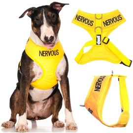 NERVOUS (Give Me Space) Yellow Colour Coded Non-Pull Front and Back D Ring Padded and Waterproof Vest Dog Harness PREVENTS Accidents By Warning Others Of Your Dog In Advance (L)