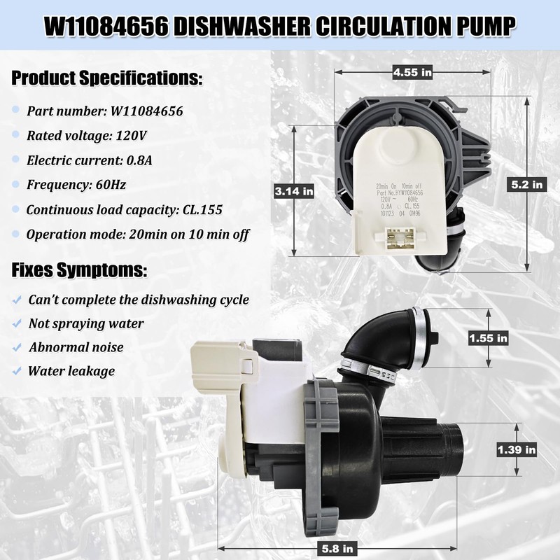 W11084656 W10854710 Dishwasher Circulation Pump Motor Assembly for Whirlpool Dishwasher