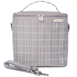 SoYoung Large Linen Insulated Lunch Poche, Light Grey Grid
