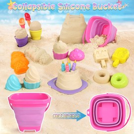 Collapsible Beach Toys Set for Kids 3-10, Collapsible Sand Bucket Shovels Set with Mesh Bag and Beach Molds, Ice Cream Sand Toys for Beach, Sandbox Travel Toys for Kids Toddlers Girls