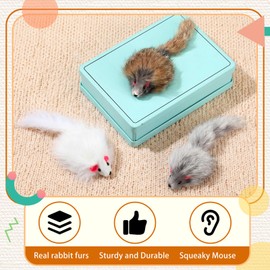 Lewtemi 24 Pcs Real Rabbit Fur Mouse Toys for Cats 12 Fluffy Rattle Mouse and 12 Fuzzy Cat Balls Realistic Fake Mice Without Catnip Interactive Kitty Toy for Pets Kitten Play