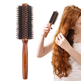Roller Round Brush, 14 Rows Natural Wooden Boar Bristle Round Hair Brushes - Prevents Tangles & Anti-Static, Small Styling Roller Brush for Blow Drying Straightening Curling