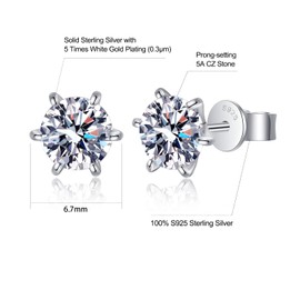 KRKC&CO Women's Cubic Zirconia Stud Earrings, 925 Silver Earrings, White Gold Plated Earrings, Iced Out, 6 Prong Setting Gift for Women