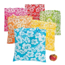 Fun Express Reusable Hibiscus Tote Bags (set of 12) Bright Haiwian colors, Tiki and Luau theme - Great for Groceries or Destinaton Wedding and Party Favors