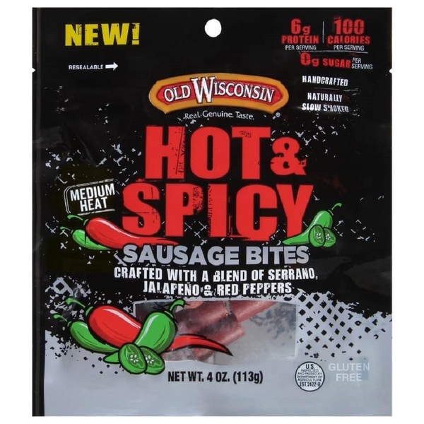 Old Wisconsin Hot & Spicy Sausage Snack Bites, 4oz Resealable Package, Naturally Smoked, Ready to Eat, High Protein, Low Carb, Keto, Gluten Free