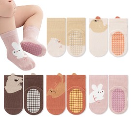 5 Pairs Baby Socks with Grip, Soft Cotton Anti-Slip Toddler Crew Socks For 0-12 Months/1-3/3-5/ Years Old Boys Girls Kids Infant Non Slip Ankle Socks Unisex Crawling Socks for Babies Boy Girl