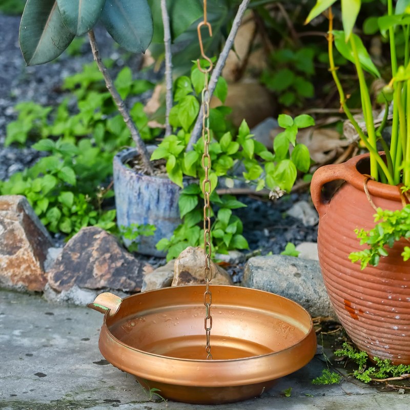 MOCOME Metal Rain Chain Basin, Antique Copper, 12.9" Diameter, 4"