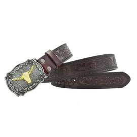 Gudoye Western Cow Head Cowboy Print Flower Retro Men Leather Belt (125cm, Coffee)