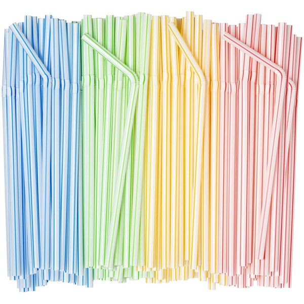 [500 Pack] Flexible Disposable Plastic Drinking Straws - 7.75" High - Assorted Colors Striped