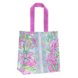 Lilly Pulitzer Pink/Green Market Shopper Bag, Reusable Grocery Tote with Comfortable Shoulder Straps, Totally Blossom