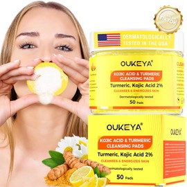 OUKEYA 50pcs Kojic Acid & Turmeric Exfoliating Cleansing Pads for Face, Turmeric Pad, Gentle Exfoliator Cotton Pads for Dull & Oily Skin, Brightening Facial Wipes, Skin Care Pads