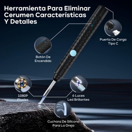 Limpiador de Oídos, Eliminación de Cera del Oído Portátil, 1080P Luz Eliminación de Ear Wax, Inalámbrico con Luz, Recargable, Set de limpieza de cerumen de 9 piezas para IOS y Android