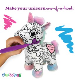PLUSHOLOGY Color Me Plush Unicorn Stuffed Animal; Color and Wash Over and Over Plush for Kids 3 Years Old to Adults; Child-Safe Washable Markers Included (8.5" Tall When Seated)