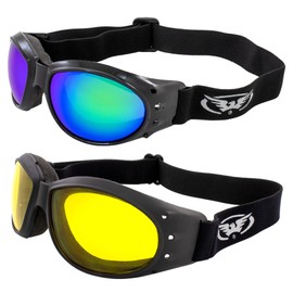 Global Vision Eliminator Padded Motorcycle Riding Goggles 2 Pair Black w/Yellow & Green Mirror Lenses