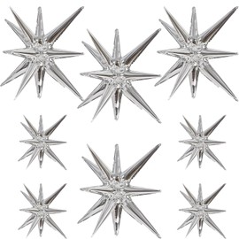 Rukinovi 8Pcs Starburst Balloons,Silver Fireworks Shape Foil 16 Pointed Star Balloons for Birthday Parties,Christmas Party,Bachelorette Party etc Decorations Supplies(27 & 22 inch) (A-silver)