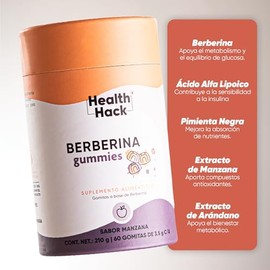 Health Hack Berberina en Gomitas, 500 mg de Berberina, con 120 mg Ácido Alfa Lipoico y 10 mg Pimienta Negra por Porción, Sabor Manzana, Suplemento Veg