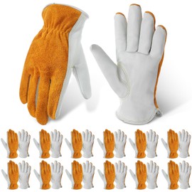 Bunnycool 12 Pairs Bulk Leather Work Gloves for Driver for Men or Women Welding Gloves for Truck Driving, Construction, Warehouse, Gardening, Automotive Repair, Cowhide, Yellow and White