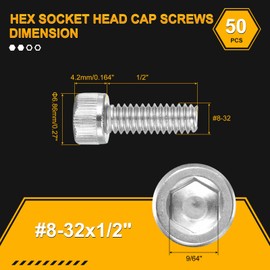 DTGN #8-32x1/2" Socket Head Cap Screws Bolts - 50Pack - Good for Road Bicycle, Mountain Bike, Auto, Motorcycle - 304 Stainless Steel Hex Head Metric Screws - Silver