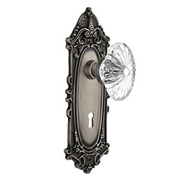 Nostalgic Warehouse Victorian Plate with Keyhole Oval Fluted Crystal Glass Knob, Single Dummy, Antique Pewter