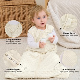 FIEMOL Fleece Baby Sleep Sack 6-12 Months, 1.5 TOG Cotton Baby Wearable Blanket With Soft Plush Dots, 2 Pack Newborn and Infant Warm Sleeping Sack with 2-Way Zipper Beige&Green