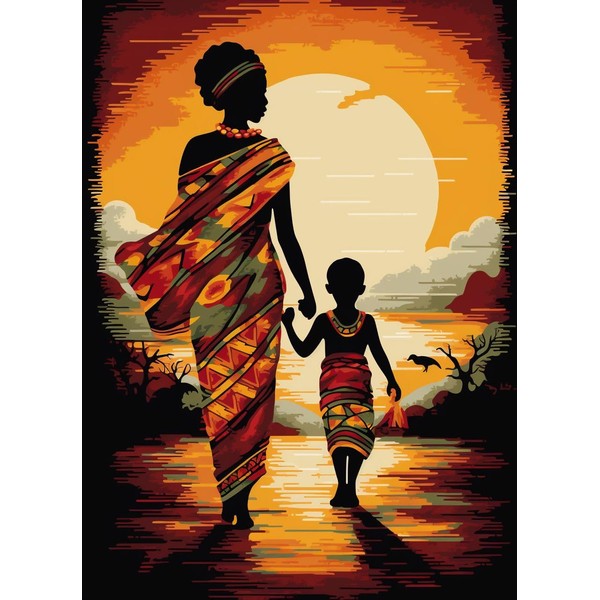 African Woman and Kid Sunset Latch Hook Rug Kit for