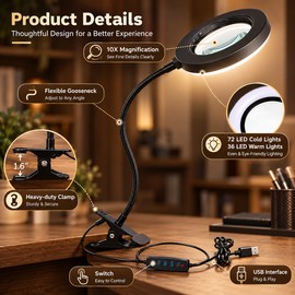 10X Magnifying Glass for Close-Up Work – 3 Color LED Desk Magnifier with Flexible Gooseneck Clamp for Reading & Nail Art
