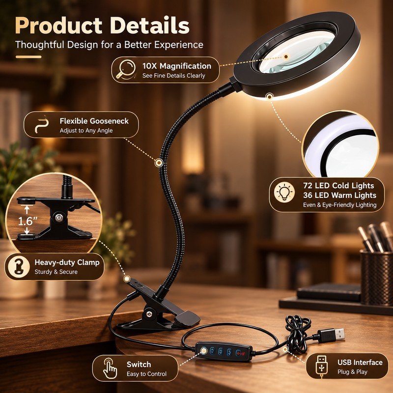 10X Magnifying Glass for Close-Up Work – 3 Color LED