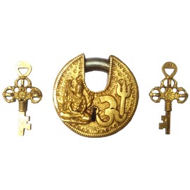 Purpledip Brass Padlock Om Shiva: Round Antique Design; Unique Collectible (11813)