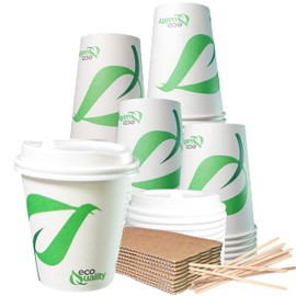 10 oz Compostable Paper Cups with White Dome Lids, Sleeves and Wooden Stirrers - Biodegradable Disposable White Paper Coffee Cups PLA Lined - Eco-friendly Hot and Cold Drinking Cups (400)