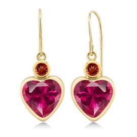 Gem Stone King 14K Yellow Gold Red Created Ruby and Red Garnet Earrings For Women (4.62 Cttw, Gemstone July Birthstone, Heart Shape 8MM and, Round 3MM)