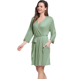 Amorbella Short Bamboo Viscose Robe Ultra Soft Thin Lightweight Sleepwear for Traveling Petite (Sage, Small)