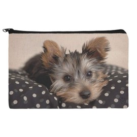 Yorkie Yorshire Terrier Puppy Dog on a Spotted Cushion Makeup Cosmetic Bag Organizer Pouch
