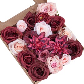 Fake Flowers Combo Box Silk Mix Roses Dahlia Flowers Spring Flowers w/Stem for DIY Wedding Bouquets Baby Shower Centerpiece Arrangements Table Party Decorations Home Decor (Blush, Burgundy)