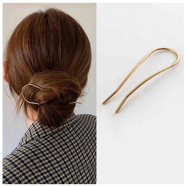 Dervivea Minimalist Metal U Shape Hairpin Golden Hair Fork Updo Hair Sticks Clip French Hairpin Decorative Hair Accessories for Women Girls Headpiece
