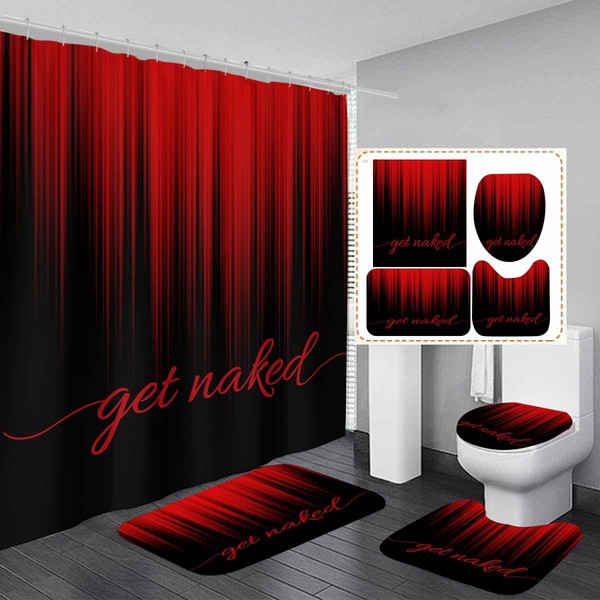 AAtter 4 Piece Red and Black Shower Curtain Set Get