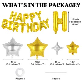 Happy Birthday Banner Balloons Letters Balloons 16 Inch with 12 Pcs Star Foil Balloons Birthday Party Decorations for Women Men Boys Girls (Gold)