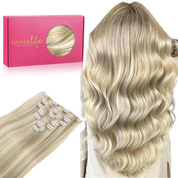 Wennalife Clip-In Human Hair Extensions, 55 cm (22 inches), 120 g, 7 Pieces, Ash Blonde Highlights Platinum Blonde, Clip-In Real Hair, Remy Hair Extensions, Natural Real Hair Extensions