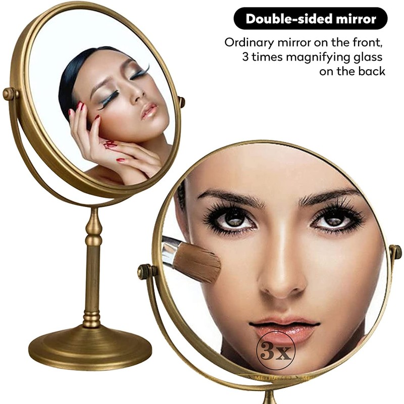 Leyden Antique Brass Makeup Mirror, 3X Magnifying Vanity Mirror Tabletop