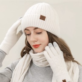 LumiSyne Winter 3 in 1 Hat Scarf Glove Sets for Men Women Chunky Knitted Alpaca Wool Fabric Plain Cable Knitted Hat Long Scarf Touchscreen Gloves Thick Warm Lining, beige
