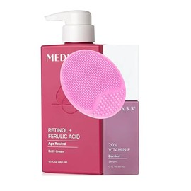 MED Retinol Body Lotion 444ml+ 20% Vitamin F Booster Serum– 2PC Skincare Set – Anti-Aging Firming Moisturizer for Crepey Skin, Wrinkles, Sagging + Facial Brush & Prosperina Card