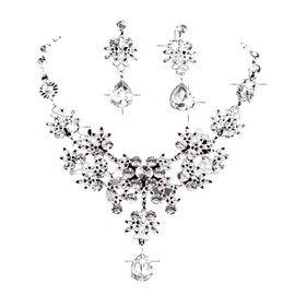 AVILMORE Silver Petal Crystal Stone Necklace Earrings 2-Piece Set for Weddings, Parties, Recitals, Rhinestone