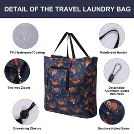 SANFERGE 2 Pack Travel Laundry Bag with Handle and Drawstring, Expandable Foldable Dirty Clothes Bags with Hook and Zipper, 23*20 inch, Panda & Sloth