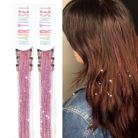 18pcs Hair Tinsel Clip in Hair Tinsel Kit Glitter Tinsel Hair Extensions 20Inch Sparkling Fairy Hair Tinsel Shiny Hair Accessories for Women Girls Kids (Pink)