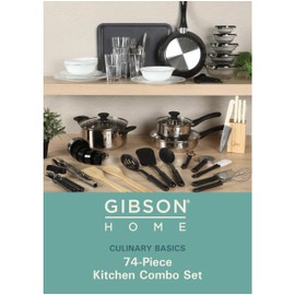 Gibson Home 74 Piece Kitchen in a Box Pots and Pans Cookware, Plates and Bowls Dinnerware, Cutlery Knife Block, Flatware Utensils, Tools & Gadgets, Storage, Glasses Set