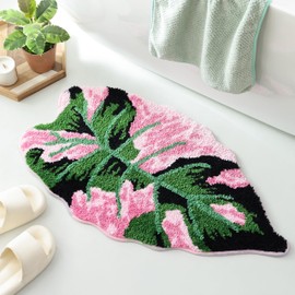 Fosiyaa Green Leaf Rug, Cute Monstera Soft Non Slip Tufted Bath Mat Palm Shaped Plush Fun Floor Mat for Bathroom Kitchen Bedroom Home Decor