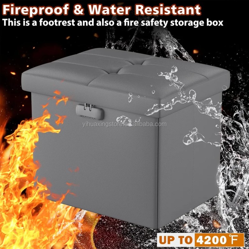 Fireproof Storage Stool 17x13x13 Inch Folding Leather Footstool with Lock